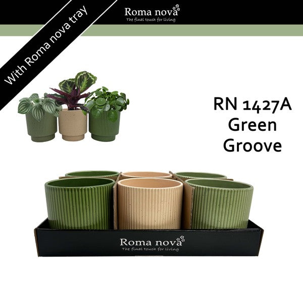 Ceramic Pot Green Groove 12cm