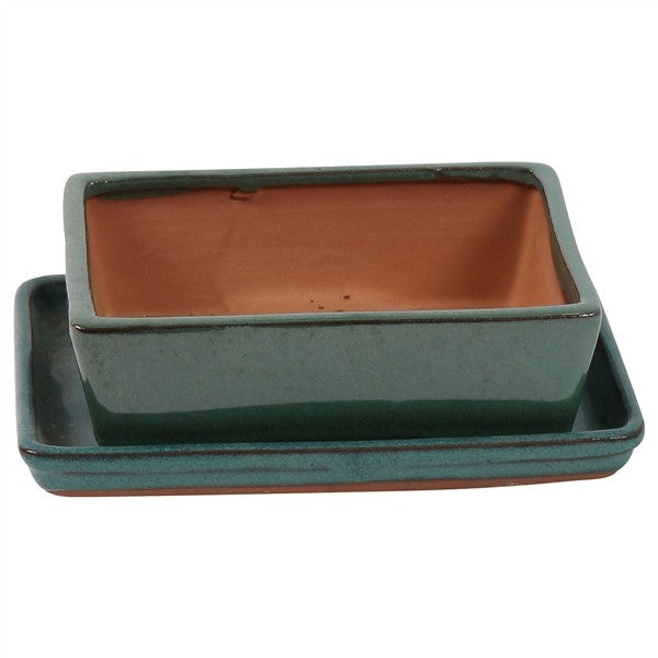Ceramic Pot + Saucer 'Bonsai' 20x15.5x8.5 green